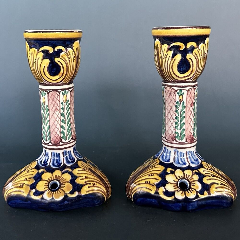 Outeiro Agueda Portugal Hand Painted Ceramic Floral Candlesticks Pair #82 5.75"